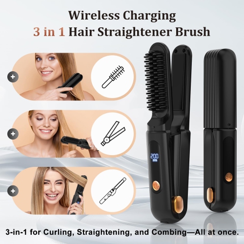 Brosse à lisser sans fil 3 en 1, Peigne à cheveux rechargeable sans fil, Fer plat portatif, Mini peigne à lisser chaud pour femmes