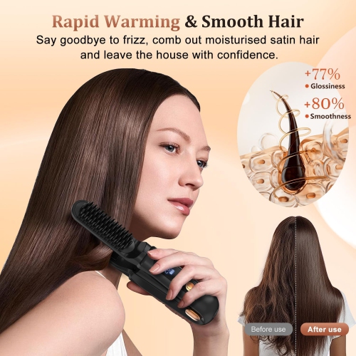 Brosse à lisser sans fil 3 en 1, Peigne à cheveux rechargeable sans fil, Fer plat portatif, Mini peigne à lisser chaud pour femmes