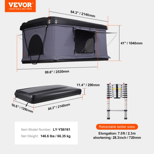 VEVOR Rooftop Tent Hard Shell, Naturnest Rooftop Tent Hardshell for 2-3 Person, Hard Shell Roof Top Tent with Telescopic Ladder Thick Mattress,