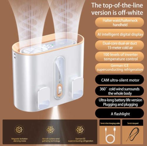 New waist hanging fan Touch lighting hanging neck small fan with LED display Night light Rechargeable wearable belt - double wind hanging neck fan