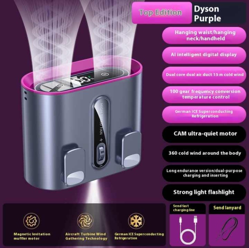 New waist hanging fan, touch lighting hanging neck small fan with LED display, night light, rechargeable wearable belt - double wind hanging neck