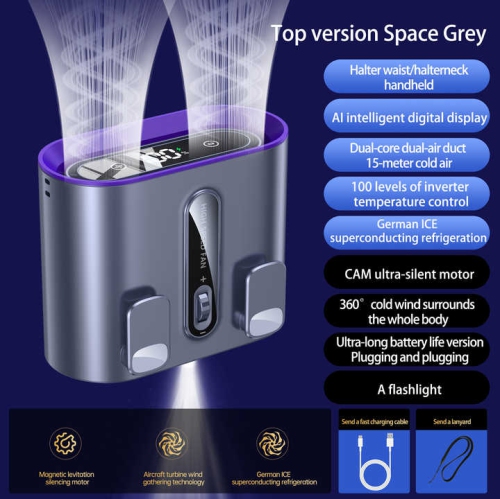 New waist hanging fan, touch lighting hanging neck small fan with LED display, night light, rechargeable wearable belt - double wind hanging neck