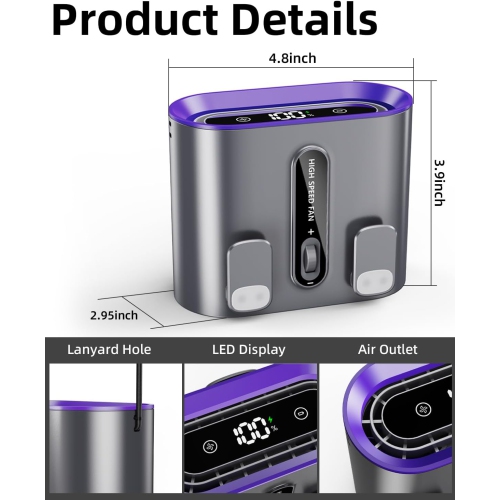 New waist hanging fan, touch lighting hanging neck small fan with LED display, night light, rechargeable wearable belt - double wind hanging neck