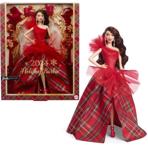 Barbie Signature 2024 Holiday Dolls, Seasonal Collector Gift, Plaid Gown with Red Bow, Displayable Packaging, Dark Bro..