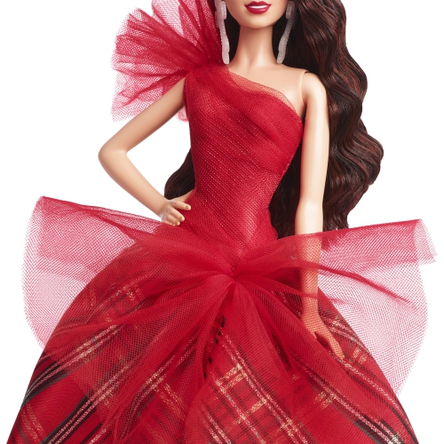 Barbie Signature 2024 Holiday Dolls, Seasonal Collector Gift, Plaid Gown with Red Bow, Displayable Packaging, Dark Bro..