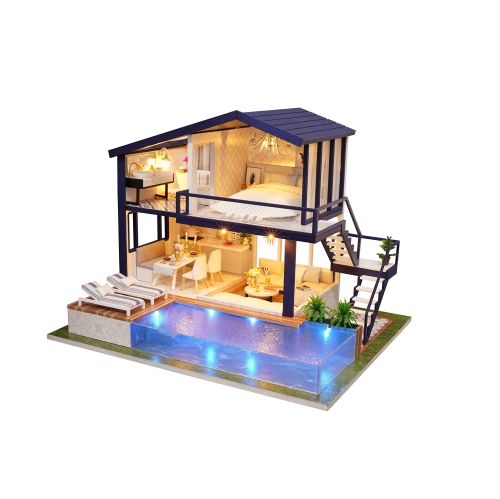 CUTEROOM DIY Miniature Dollhouse Kit with Furniture, 3D Wooden House, Music Box & LED Lights - 1:24 Scale