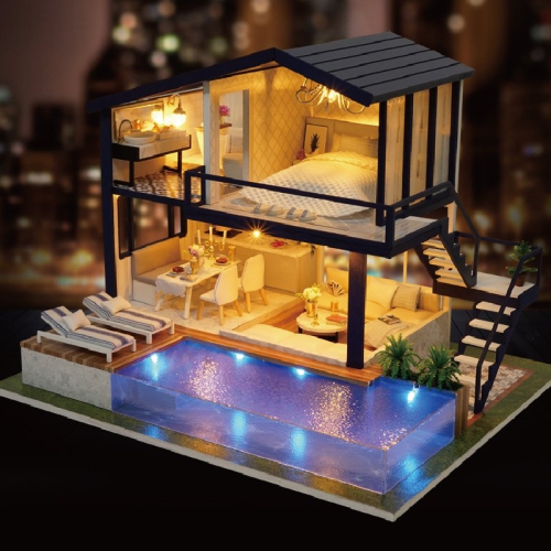 CUTEROOM DIY Miniature Dollhouse Kit with Furniture, 3D Wooden House, Music Box & LED Lights - 1:24 Scale