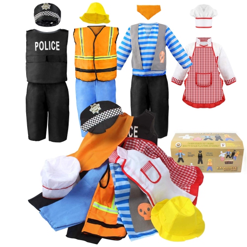 Sinuo Boy's Dress Up Costumes Trunk Set 11pcs, Pirate, Chef, Construction Worker, Policeman Costume Fit Kids Age from ..