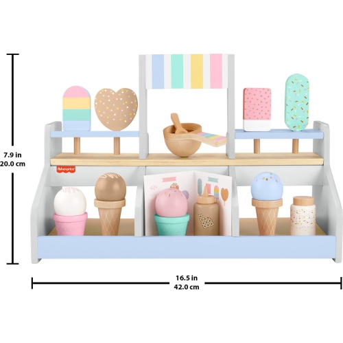 Fisher-Price Wood Pretend Play Toy Ice Cream Shop Set, 18-Piece Wooden Food Playset for Preschool Kids Ages 3+ Years