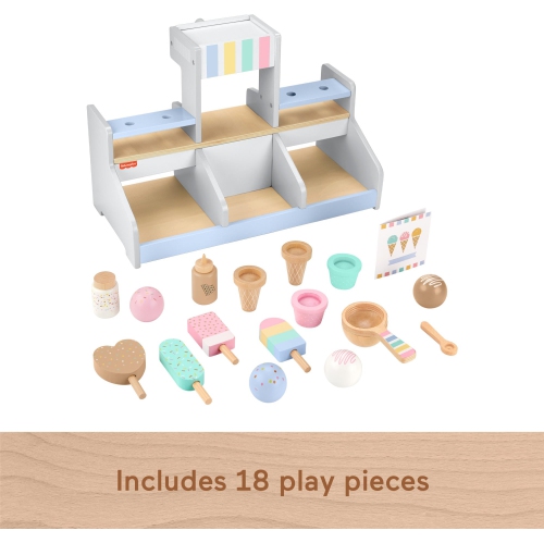 Fisher-Price Wood Pretend Play Toy Ice Cream Shop Set, 18-Piece Wooden Food Playset for Preschool Kids Ages 3+ Years