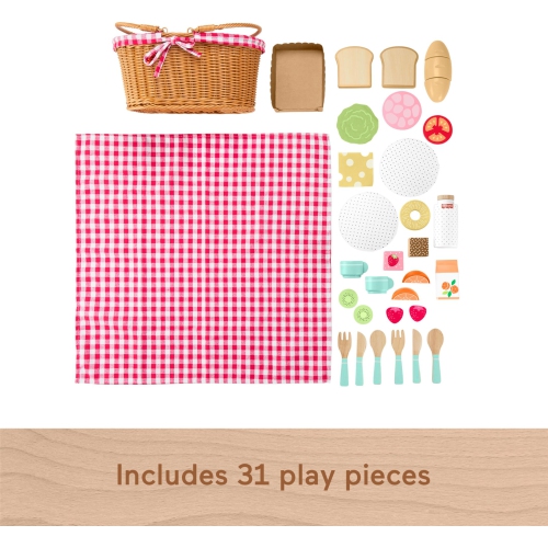 Fisher-Price Wood Pretend Play Toy Picnic Basket, 31-Piece Wooden Food Playset for Preschool Kids Ages 3+ Years