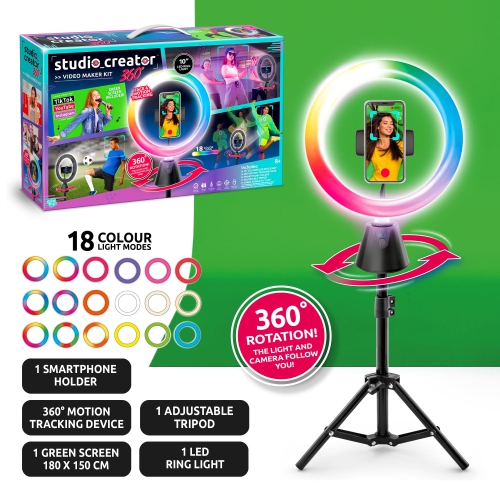 Canal Toys Studio Creator 360 Video Maker Kit, Green Screen and Tripod, Face and Motion Tracker, 10" Light Ring, Multi..