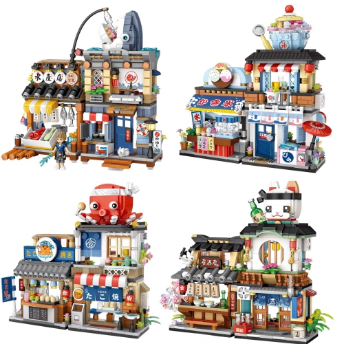 ELAICREE  Japanese Street View Shop Building Blocks House Toy, New 4 Models Mini Diy Building Blocks Model Moc Construction Toy