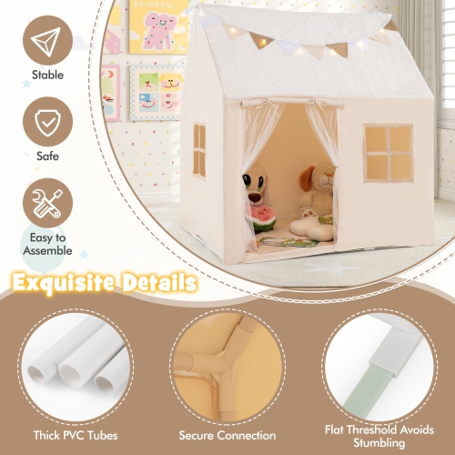 Gymax Kids Play Tent w/Padded Mat Light String Glow-in-the-dark Fabric Colorful Flags