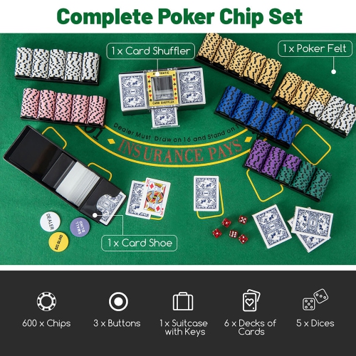 Gymax 600-Piece Poker Chip Set 14 Gram Claytec Chips w/ Carrying Case 6 Decks of Cards