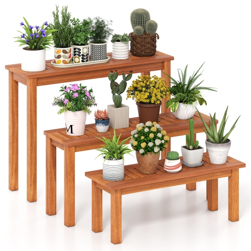 GYMAX  Wooden Plant Stand Set Of 3 W/ Teak Oil Finish Slatted Top for Patio Garden