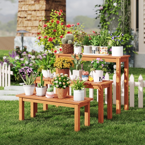 Gymax Wooden Plant Stand Set of 3 w/ Teak Oil Finish Slatted Top for Patio Garden