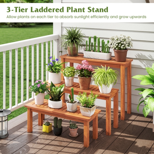 Gymax Wooden Plant Stand Set of 3 w/ Teak Oil Finish Slatted Top for Patio Garden