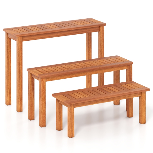 Gymax Wooden Plant Stand Set of 3 w/ Teak Oil Finish Slatted Top for Patio Garden