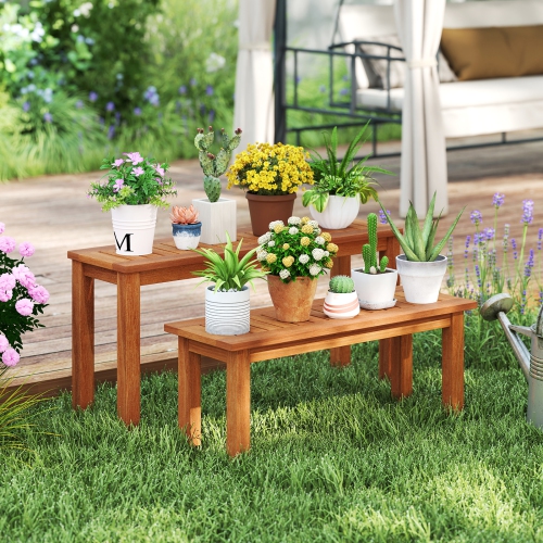 Gymax Wooden Plant Stand Set of 2 w/ Teak Oil Finish Slatted Top Rustic Plant Rack