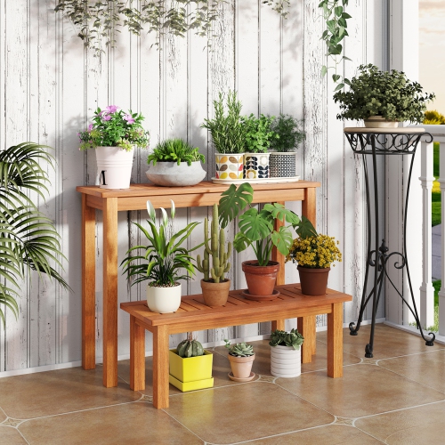 Gymax Wooden Plant Stand Set of 2 w/ Teak Oil Finish Slatted Top Rustic Plant Rack