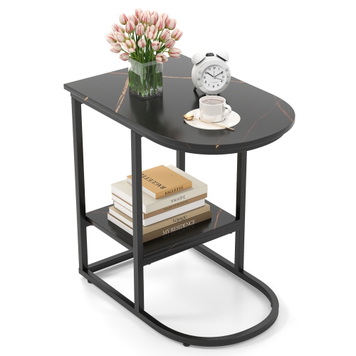 GYMAX  C-Shaped Side Table Compact 2-Tier Storage End Table for Small Space
