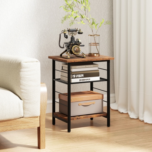 Gymax 3-Tier Side End Table w/ Adjustable Mesh Shelf Narrow Nightstand
