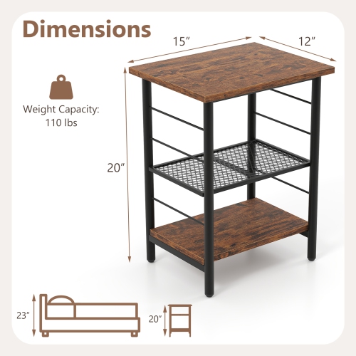 Gymax 3-Tier Side End Table w/ Adjustable Mesh Shelf Narrow Nightstand