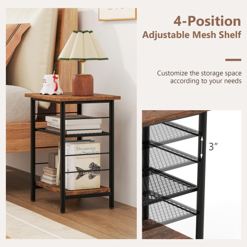 Gymax 3-Tier Side End Table w/ Adjustable Mesh Shelf Narrow Nightstand