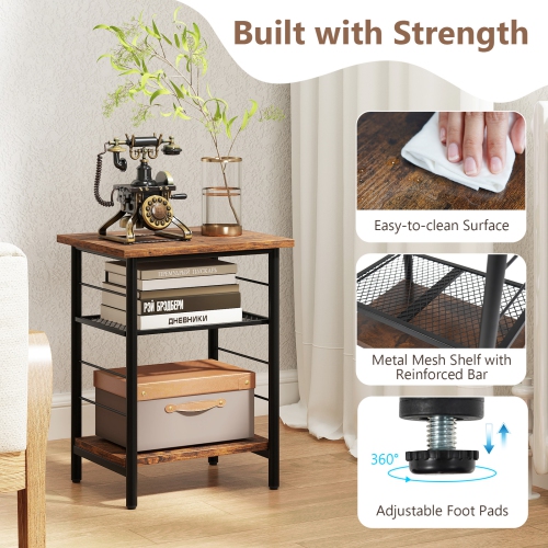 Gymax 3-Tier Side End Table w/ Adjustable Mesh Shelf Narrow Nightstand