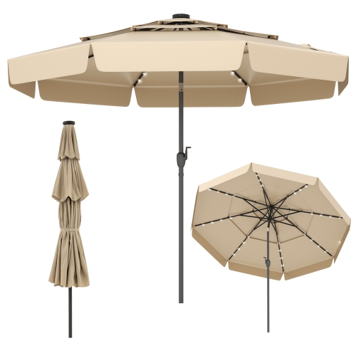 Gymax 10 FT Solar Patio Umbrella w/ 32 LED Lights 3-Tier Vented Top & Tilt Adjustment