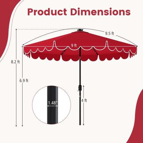 Gymax 9.3 FT Solar Patio Umbrella w/ 32 LED Lights & Vented Top & Ruffles