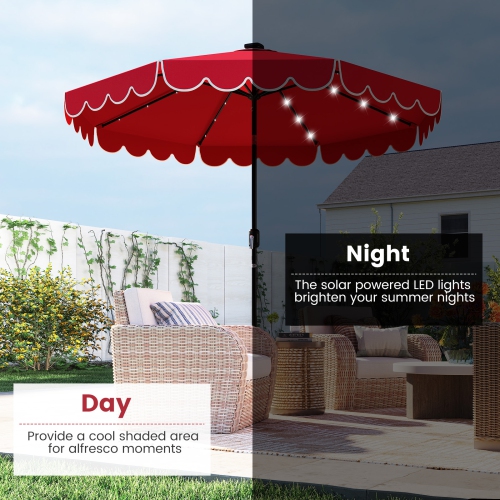 Gymax 9.3 FT Solar Patio Umbrella w/ 32 LED Lights & Vented Top & Ruffles