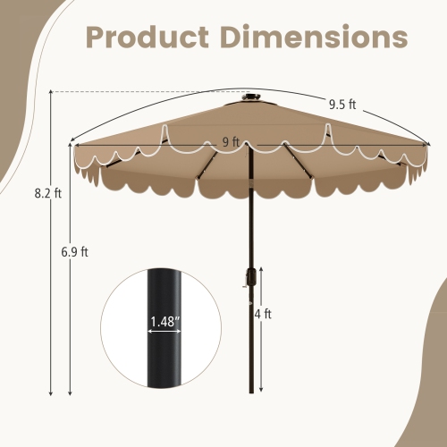Gymax 9.3 FT Solar Patio Umbrella w/ 32 LED Lights & Vented Top & Ruffles