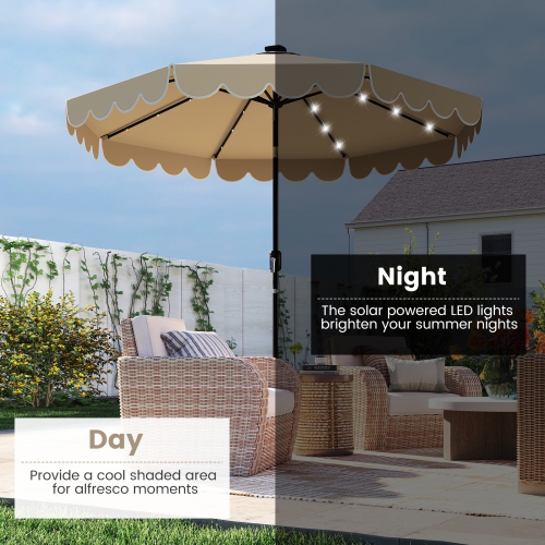 Gymax 9.3 FT Solar Patio Umbrella w/ 32 LED Lights & Vented Top & Ruffles