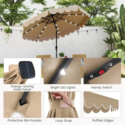 Gymax 9.3 FT Solar Patio Umbrella w/ 32 LED Lights & Vented Top & Ruffles