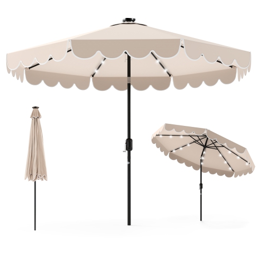 Gymax 9.3 FT Solar Patio Umbrella w/ 32 LED Lights & Vented Top & Ruffles