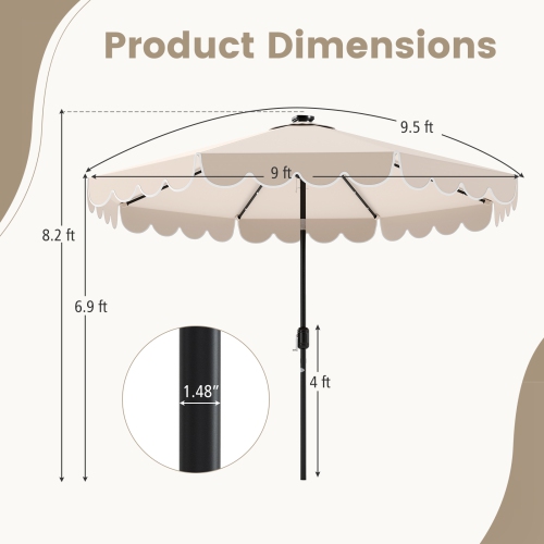 Gymax 9.3 FT Solar Patio Umbrella w/ 32 LED Lights & Vented Top & Ruffles