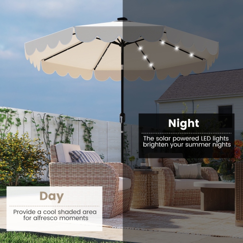 Gymax 9.3 FT Solar Patio Umbrella w/ 32 LED Lights & Vented Top & Ruffles