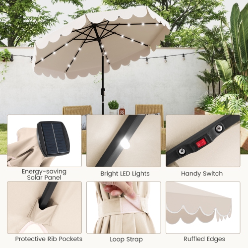 Gymax 9.3 FT Solar Patio Umbrella w/ 32 LED Lights & Vented Top & Ruffles