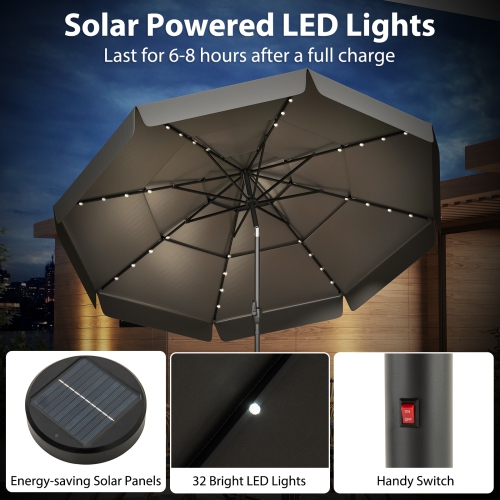 Gymax 10 FT Solar Patio Umbrella w/ 32 LED Lights 3-Tier Vented Top & Tilt Adjustment