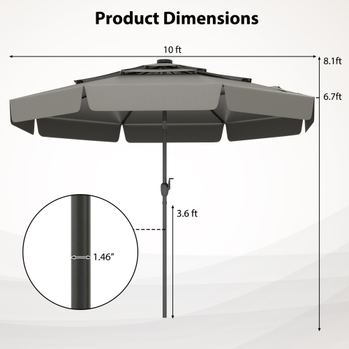 Gymax 10 FT Solar Patio Umbrella w/ 32 LED Lights 3-Tier Vented Top & Tilt Adjustment