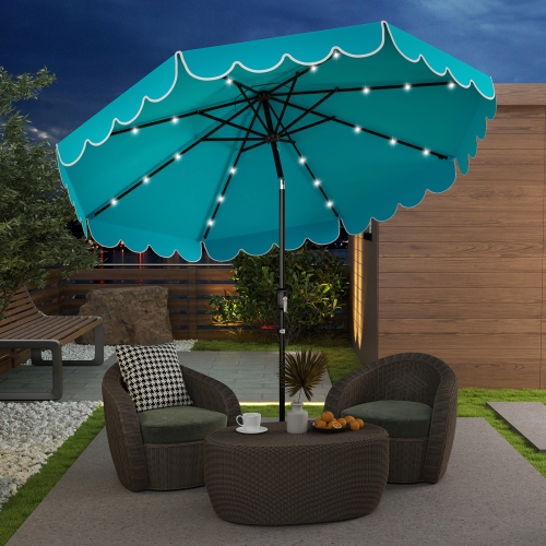 Gymax 9.3 FT Solar Patio Umbrella w/ 32 LED Lights & Vented Top & Ruffles