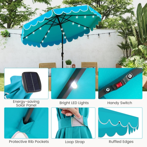 Gymax 9.3 FT Solar Patio Umbrella w/ 32 LED Lights & Vented Top & Ruffles
