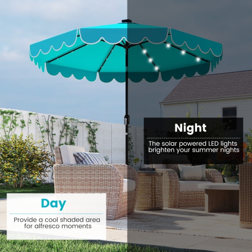 Gymax 9.3 FT Solar Patio Umbrella w/ 32 LED Lights & Vented Top & Ruffles