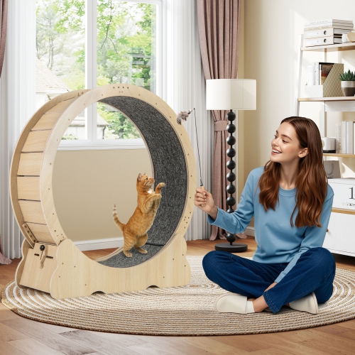 Gymax Cat Exercise Wheel w/ Carpet & Lockable Mechanism Non-slip Wide Base Wide Base