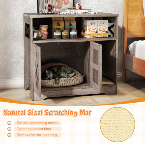 Gymax Cat Litter Box Enclosure w/ Storage Double Doors Sisal Scratching Mat Indoor