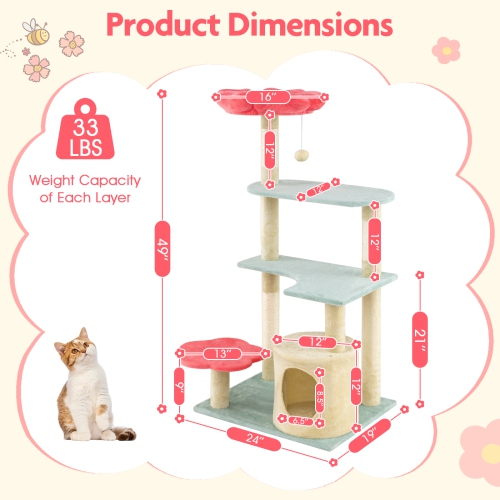 Gymax 49'' Flower Pink Cat Tree w/Flower-shaped Soft Perch Sisal Scratching Posts