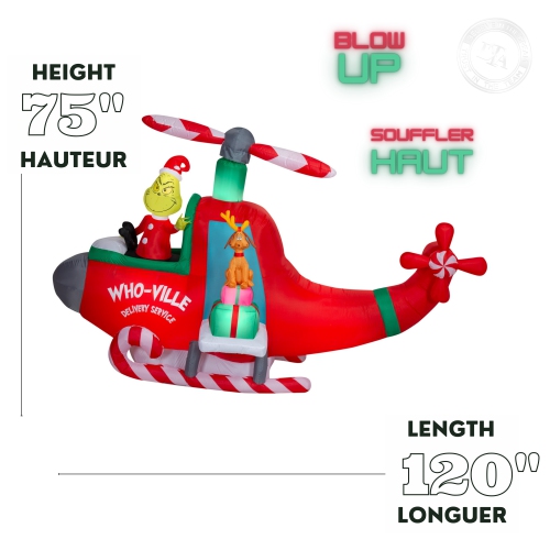 GEMMY INDUSTRIES Airblown®Inflatable Christmas-Animated Grinch in Helicopter w/Spinning Propellers Scene-Dr. Seuss-- 75" x 120"