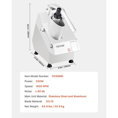 VEVOR Food Processor & Vegetable Chopper, 2 Feeding Holes Food-Grade Stainless Steel, 6 Detachable Blades, 3mm/5mm/7mm/10mm Shredder, 2mm/4mm Slicer,